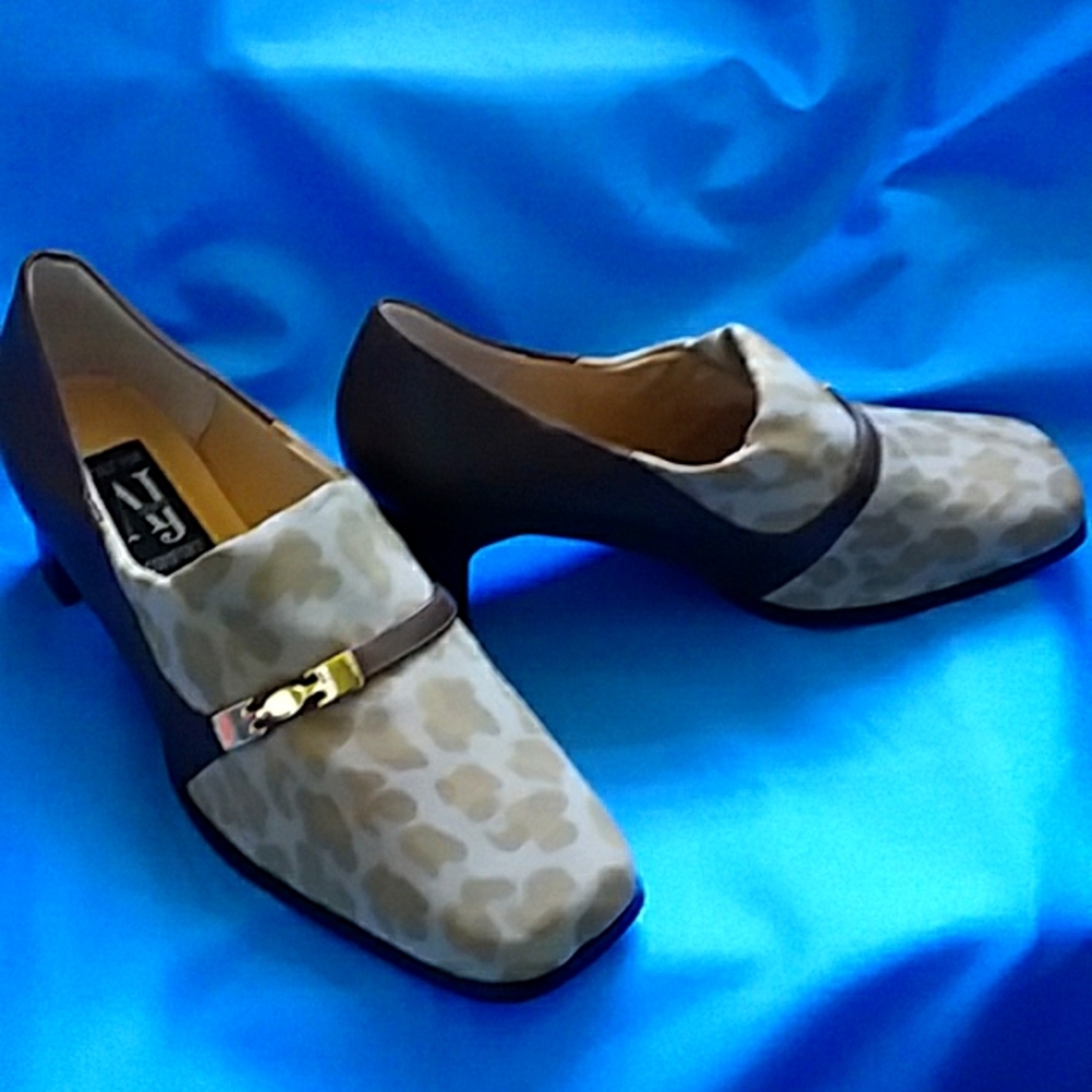 AJ Valencia womens 11 W Pump Heels Print and Brown with Gold color accent strap